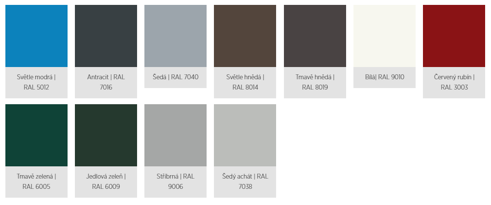 Standardní barvy vrat s profilem AW 77 Rolovací garážová vrata WISNIOWSKI. Standardní barvy vrat s profilem AW 77.